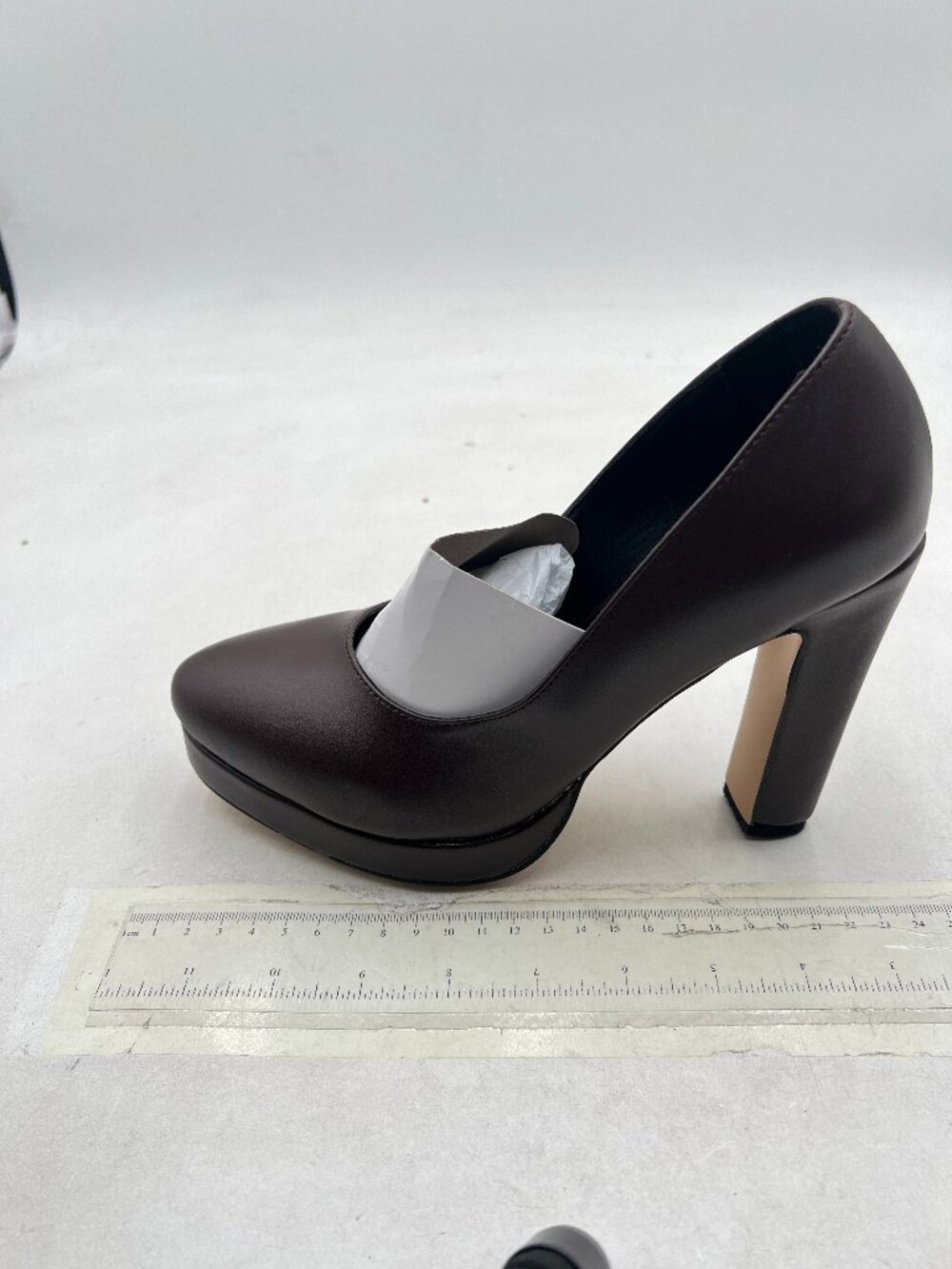 miss left Brown Platform Closed Almond Toe Pumps Classic Slip On Block Heel Shoe